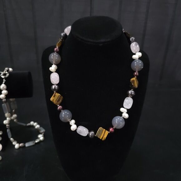 (4) Gemstone Agate Chunky Necklaces Set Statement Tigers Eye Pearls Rose Quartz - Picture 7 of 16